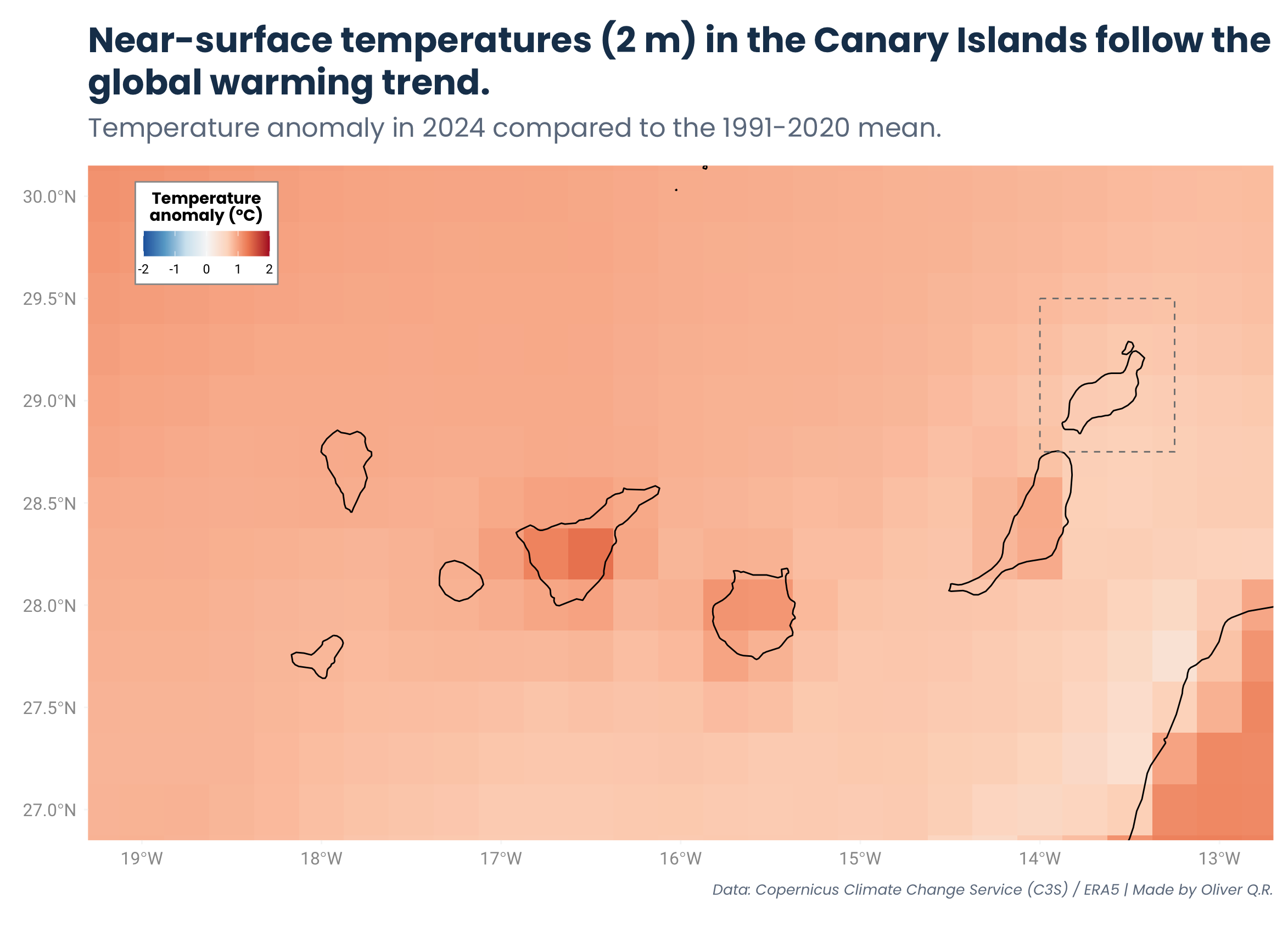 Near-surface (2 m) temperature anomalies in 2024 in the Canary Islands compared to the 1991-2020 average